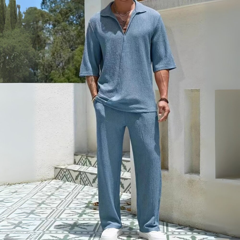 Men's Dusty Blue Johnny Collar Half Sleeve Top & Pants Resort Outfit